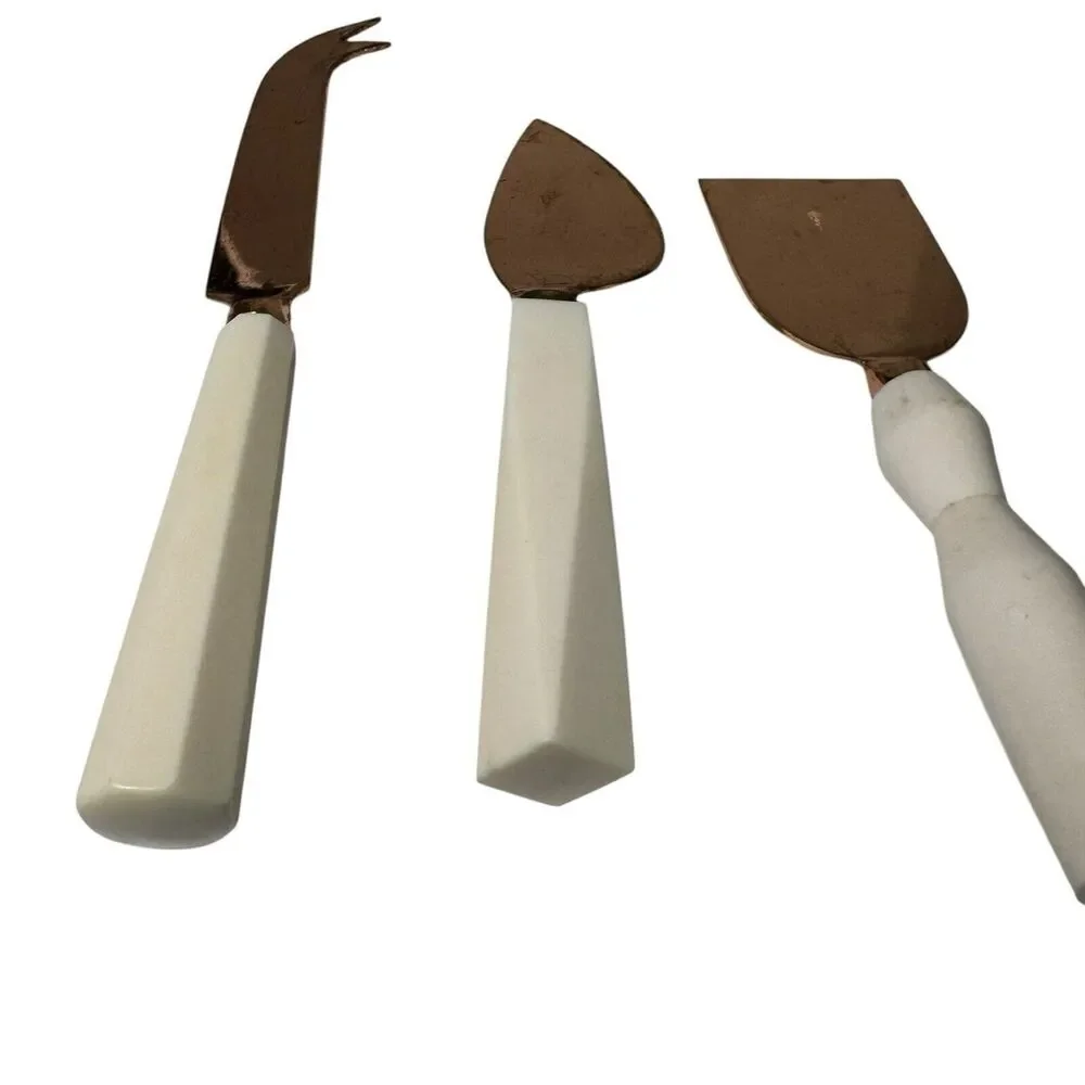 Vintage Brass & Marble Cheese Knives Set High Qual Knife Spreader Slicer